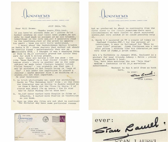 Stan Laurel Letter Signed -- ''...No trick photography was used for stretching Hardy in 'The Bohemian Girl'...I worked with Charlie [Chaplin] in Vaudeville...''
